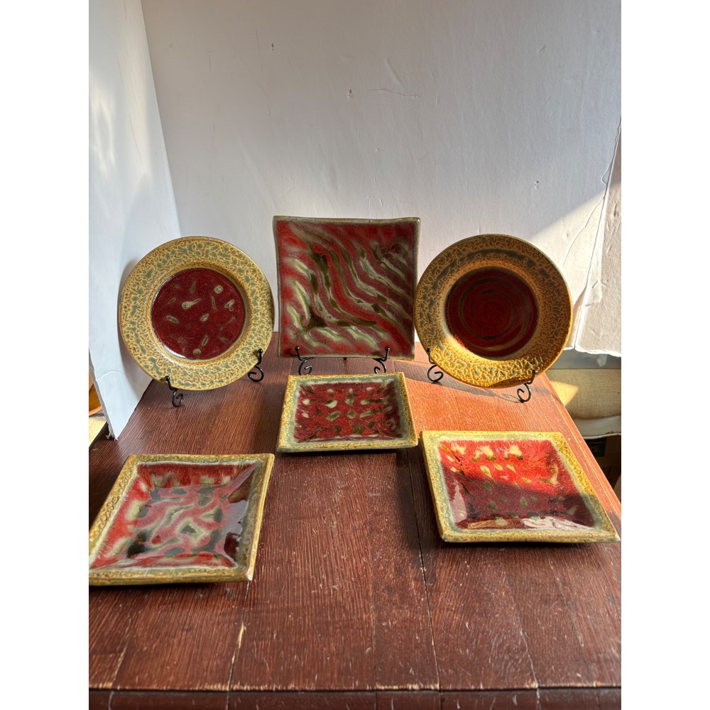 Artisan Reactive Glaze Ceramic Plate Set Red Green Gold Abstract Organic 6 Piece